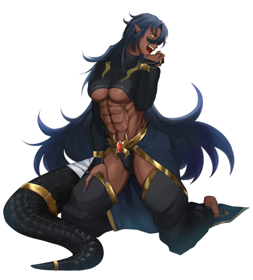 abs absurdres ankh barefoot black_tail blue_hair chain crocodilian_tail cuffs dark_blue_hair earrings egyptian_clothes egyptian_mythology genderswap glowing glowing_eyes gold_chain gold_earrings highres indie_virtual_youtuber itaru_(kidomh63) jewelry kneeling muscular non-web_source ring seto_sobek_(vtuber) skin_tight sobek_(mythology) tail tail_ornament toeless_legwear transparent_background yellow_eyes