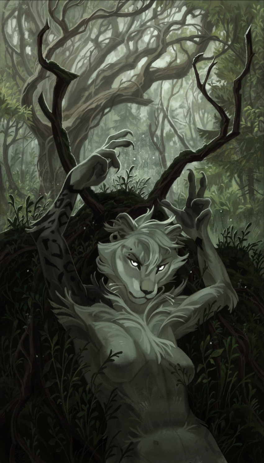 2022 anthro breasts day detailed_background digital_media_(artwork) featureless_breasts felid feline female forest geosaiko1267 grass hair hi_res looking_at_viewer mammal nude outside plant solo tree white_hair