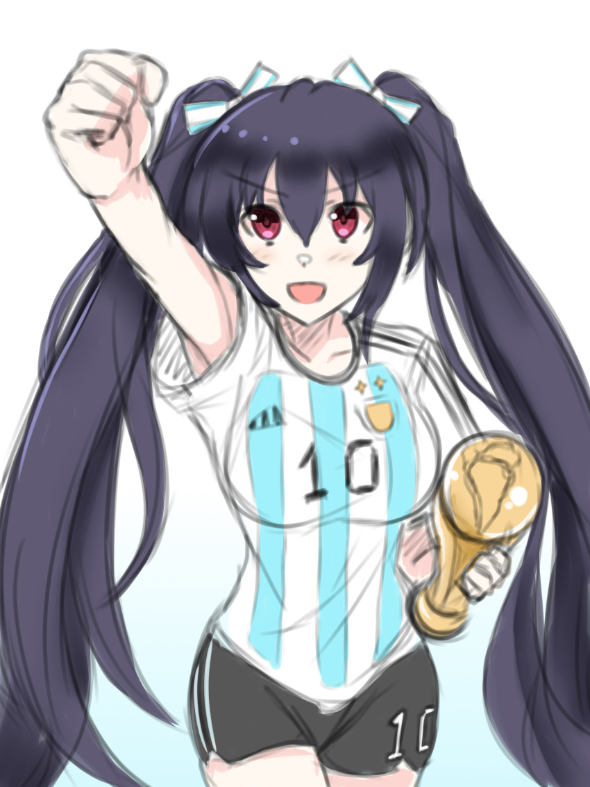 1girl 2022_fifa_world_cup absurdres bangs black_hair blue_ribbon breasts hair_between_eyes hair_ribbon happy highres long_hair looking_at_viewer medium_breasts neptune_(series) noire_(neptune_series) red_eyes ribbon sketch smile soccer_uniform solo sportswear twintails very_long_hair world_cup zatsu