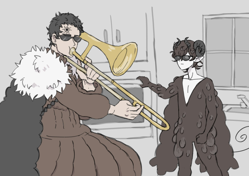 2boys adrammelech_(black_clover) black_clover black_fur black_hair brown_robe cape cloak demon_boy demon_horns demon_tail facial_mark forehead_mark fur_cape highres horns instrument kitchen lucius_zogratis meme multiple_boys music oven pale_skin playing_instrument pointy_ears robe short_hair sink standing sunglasses tail trombone tsutsuki_akage when_mama_isn't_home_(meme) white_fur window