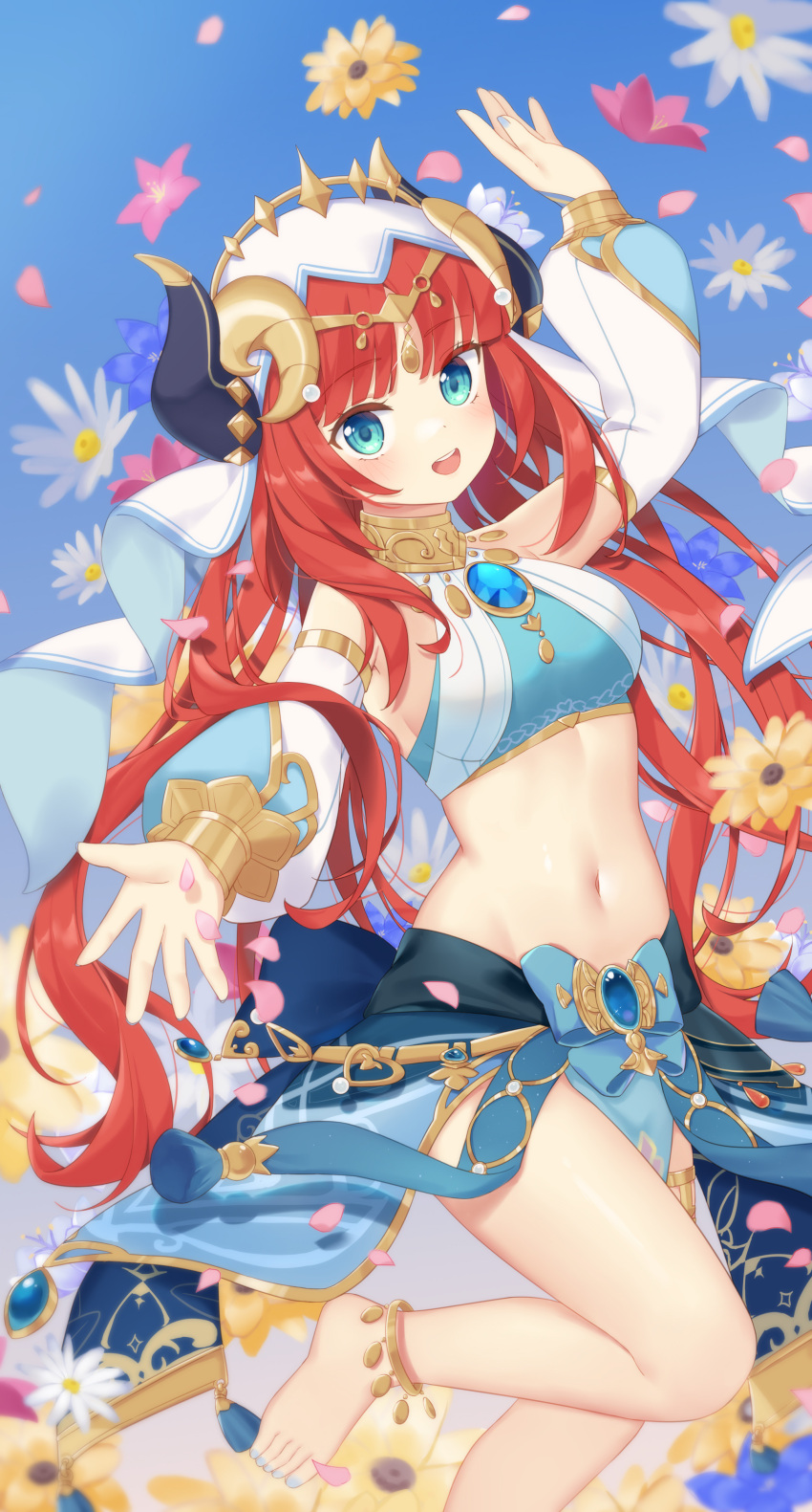 1girl :d absurdres arm_up bangs bare_shoulders barefoot blue_bow blue_eyes blue_nails blue_sky blush bow breasts commentary_request crop_top day detached_sleeves fake_horns flower fufumi genshin_impact highres horns long_sleeves looking_at_viewer medium_breasts nail_polish navel nilou_(genshin_impact) outdoors petals pink_flower puffy_long_sleeves puffy_sleeves purple_flower red_hair sky smile solo teeth toenail_polish toenails upper_teeth_only veil white_flower white_sleeves yellow_flower