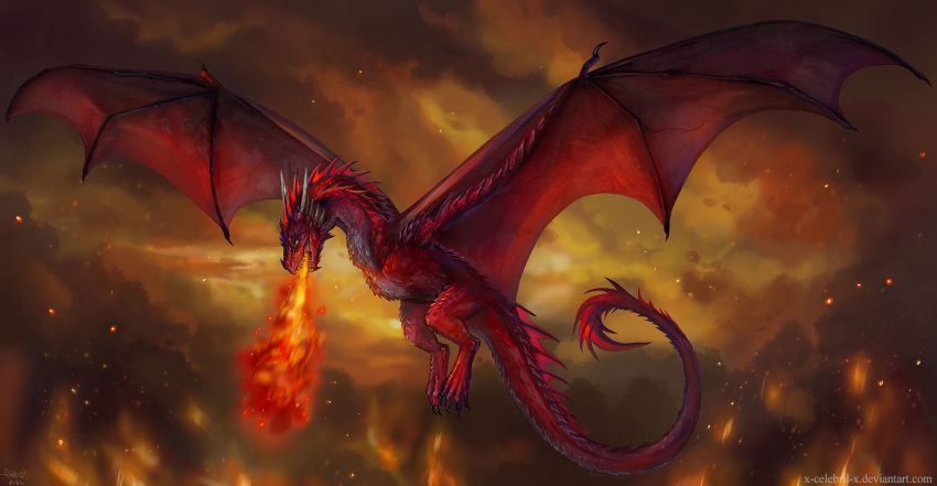 2022 ambiguous_gender claws day detailed_background digital_media_(artwork) dragon feral fire flying hi_res open_mouth outside red_body red_scales scales sky solo spines teeth wyvern x-celebril-x