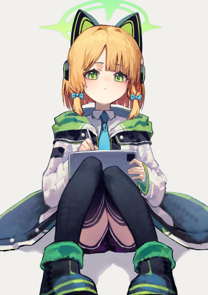 1girl absurdres animal_ears black_thighhighs blonde_hair blue_archive blue_necktie boots bow closed_mouth coat collared_shirt fake_animal_ears green_eyes grey_background hair_bow halo headphones highres hood hood_down hooded_coat knees_up long_hair midori_(blue_archive) necktie shadow shirt shorts simple_background sitting solo stylus tablet_pc thighhighs white_coat white_shirt yoon_cook