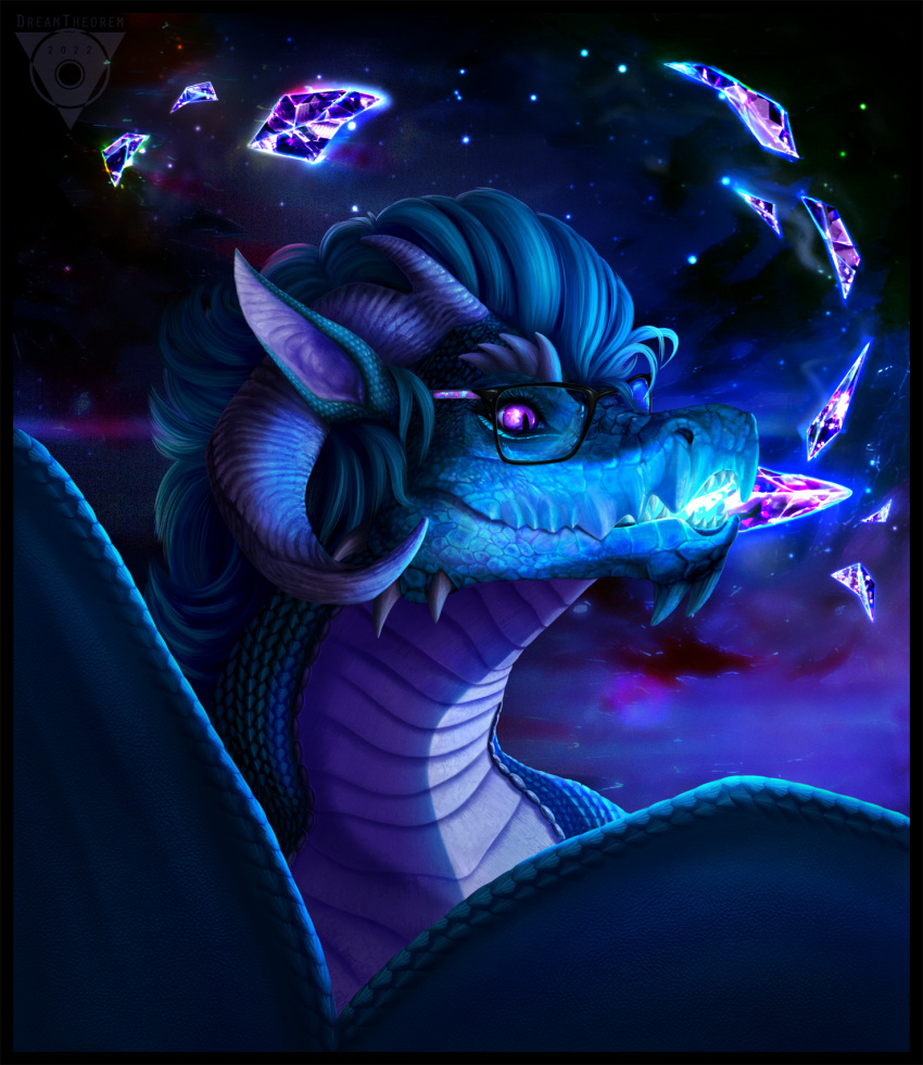 2022 ambiguous_gender digital_media_(artwork) dragon eyewear feral glacierdragoon glasses hair hi_res horn purple_eyes scales smile solo teeth