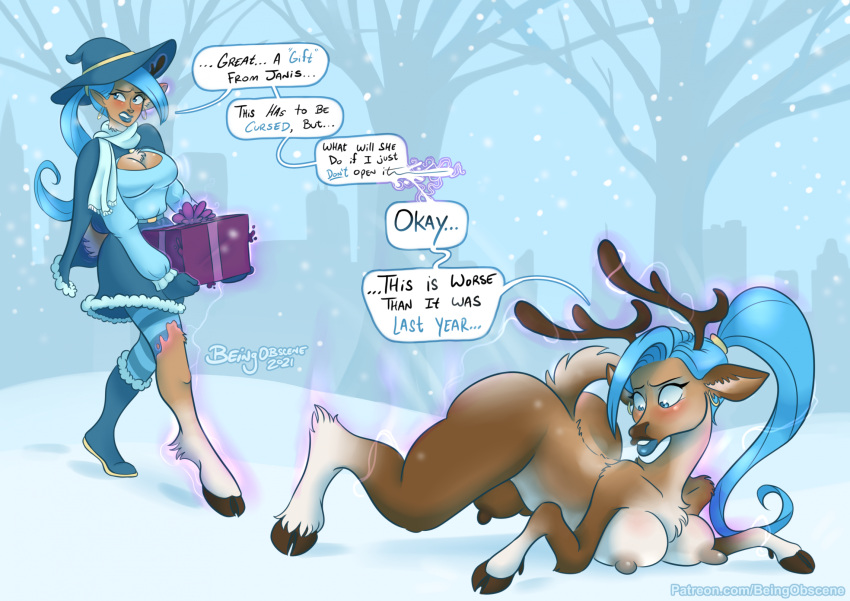 beingobscene blue_hair breasts capreoline deer dialogue female gift hair hi_res hooves human long_hair magic mammal mid_transformation nipples nude outside plant reindeer semi-anthro snow solo species_transformation teats transformation tree udders