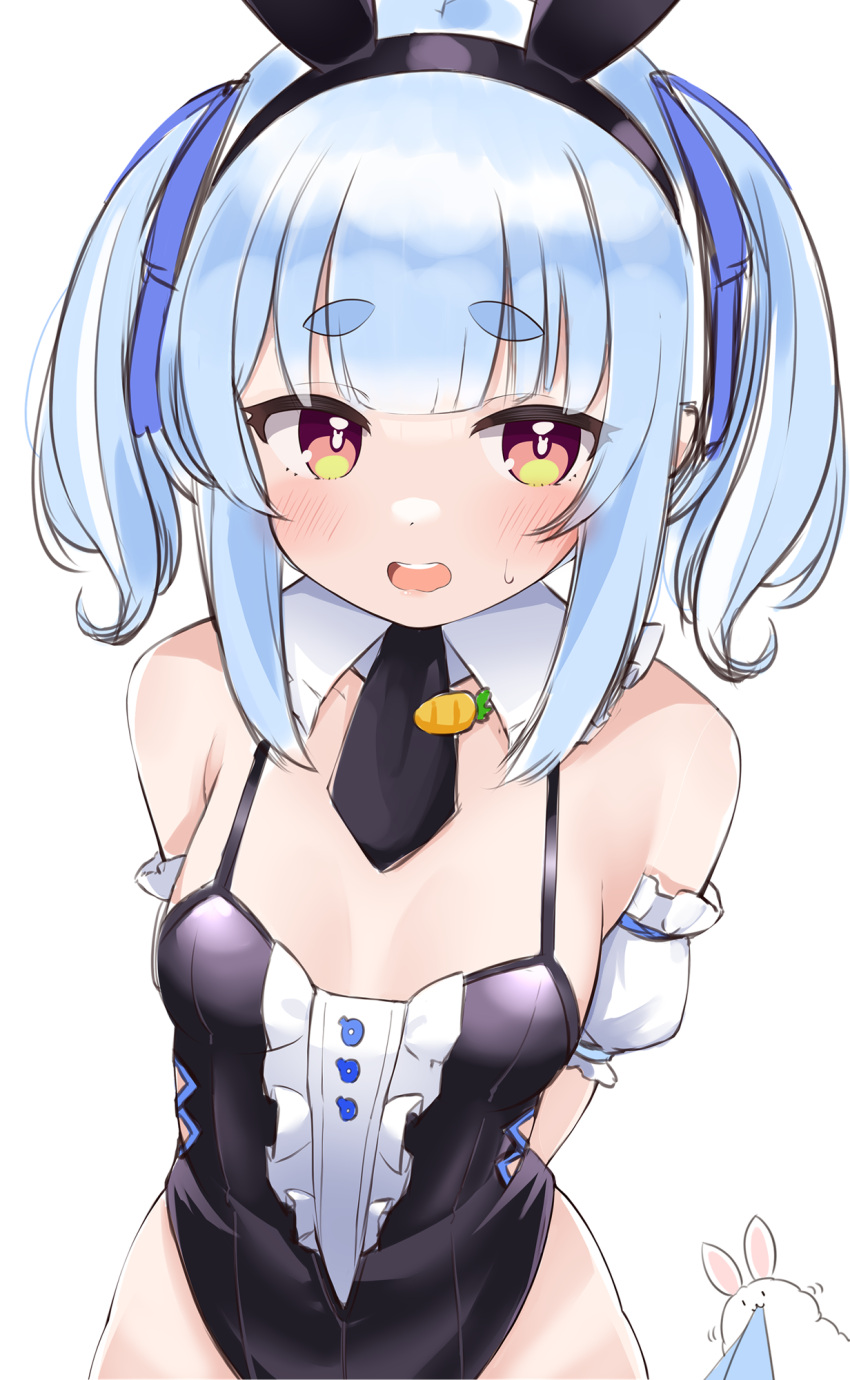 1girl animal_ears arm_garter arms_behind_back bare_legs bare_shoulders black_necktie blue_hair blue_ribbon blush breasts bunny-shaped_pupils cleavage cocozasa don-chan_(usada_pekora) fake_animal_ears hair_ribbon highres hololive looking_at_viewer necktie open_mouth rabbit_ears red_eyes ribbon short_hair simple_background small_breasts symbol-shaped_pupils teeth thick_eyebrows twintails upper_teeth_only usada_pekora virtual_youtuber white_background