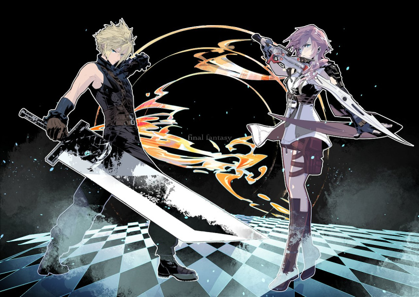 1boy 1girl aqua_eyes armor bangs belt black_gloves blonde_hair blue_eyes boots breasts brown_gloves buster_sword cape closed_mouth cloud_strife cofffee fighting_stance final_fantasy final_fantasy_vii final_fantasy_vii_remake final_fantasy_xiii fingerless_gloves full_body gloves gunblade hair_over_shoulder holding holding_sword holding_weapon lightning_farron long_hair looking_at_viewer medium_breasts multiple_belts pink_hair shoulder_armor sleeveless sleeveless_jacket spiked_hair sweater swept_bangs sword turtleneck turtleneck_sweater wavy_hair weapon white_jabot