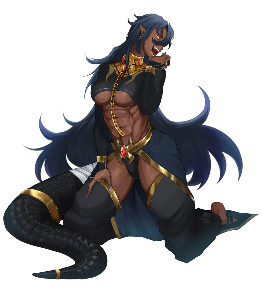 abs absurdres ankh barefoot black_tail blue_hair chain collar crocodilian_tail cuffs dark_blue_hair earrings egyptian_clothes egyptian_mythology genderswap glowing glowing_eyes gold_chain gold_earrings highres indie_virtual_youtuber itaru_(kidomh63) jewelry kneeling muscular non-web_source ring seto_sobek_(vtuber) skin_tight sobek_(mythology) tail tail_ornament toeless_legwear transparent_background yellow_eyes