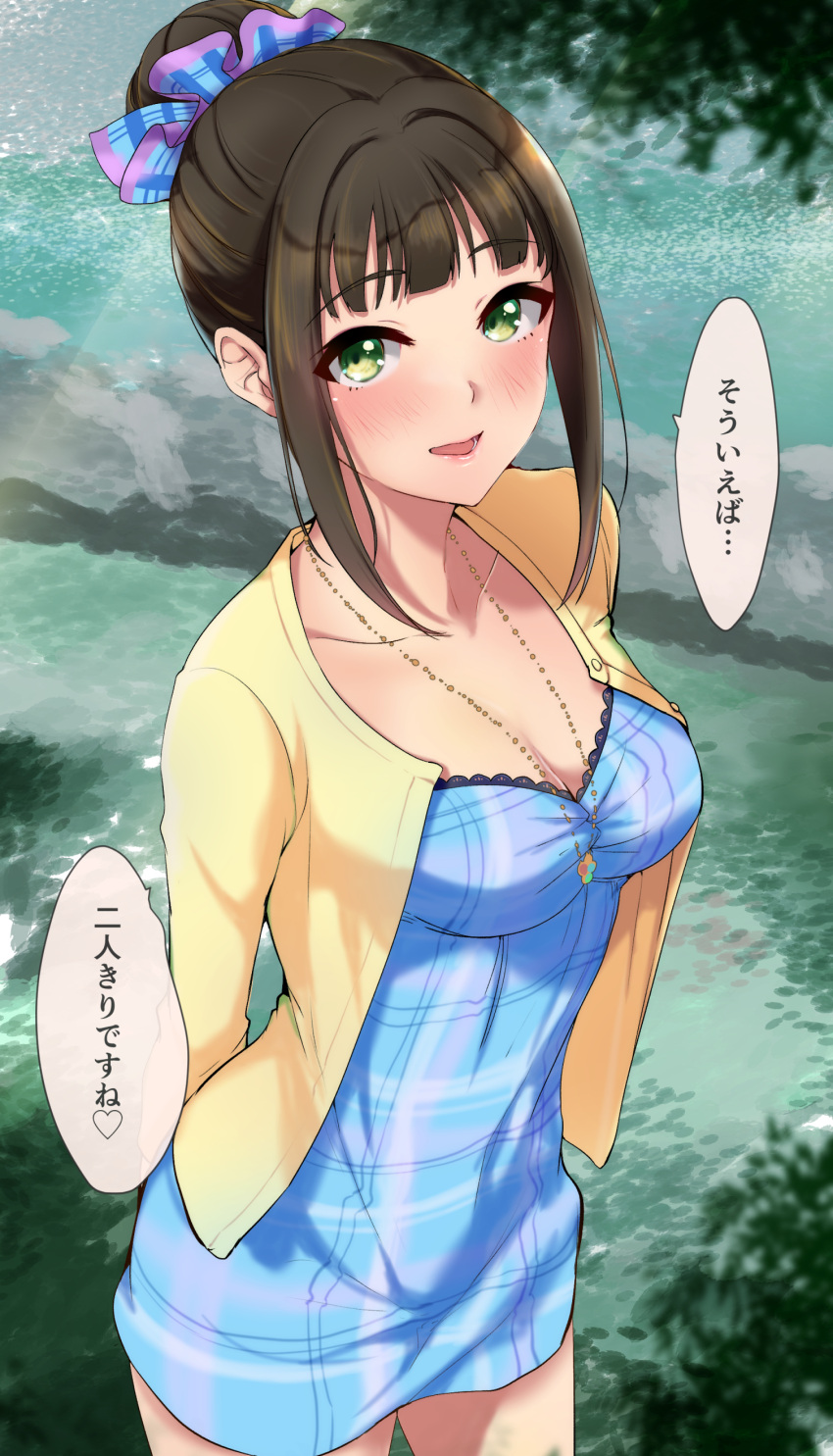 1girl absurdres blue_dress blush breasts brown_hair cardigan casual cleavage collarbone commentary_request dress hair_bun hair_intakes hamaguchi_ayame highres idolmaster idolmaster_cinderella_girls jewelry looking_at_viewer medium_breasts murabito_c necklace plaid plaid_dress single_hair_bun solo speech_bubble translation_request yellow_cardigan
