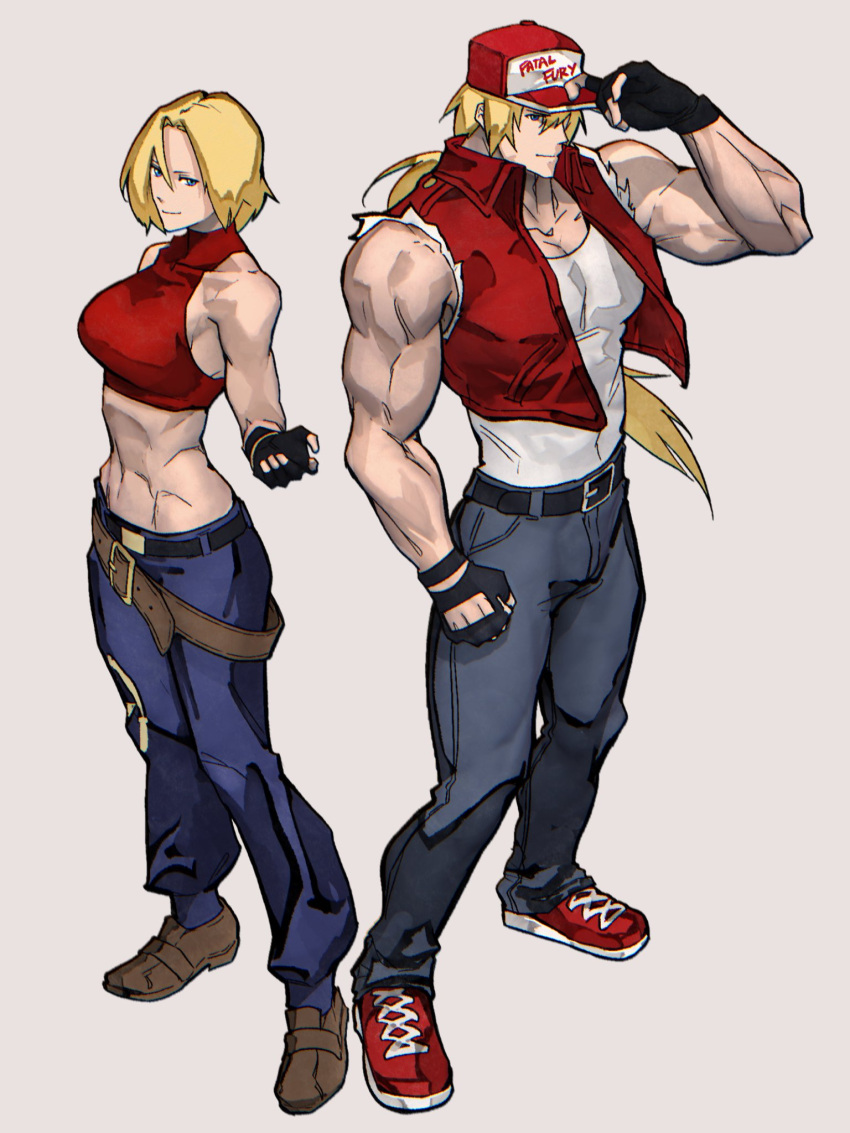 1boy 1girl abs adjusting_clothes adjusting_headwear bangs bare_shoulders belt black_belt black_gloves blonde_hair blue_mary blue_pants breasts brown_belt brown_footwear crop_top denim fatal_fury fingerless_gloves full_body gloves grey_background grey_pants hair_between_eyes highres jeans large_breasts loose_belt low_ponytail muscular muscular_female muscular_male pants parted_bangs red_footwear red_headwear red_shirt red_vest shirt shoes short_hair short_hair_with_long_locks sleeveless sleeveless_shirt sleeveless_turtleneck smile sneakers snk standing syachiiro terry_bogard the_king_of_fighters torn_clothes torn_sleeves turtleneck vest