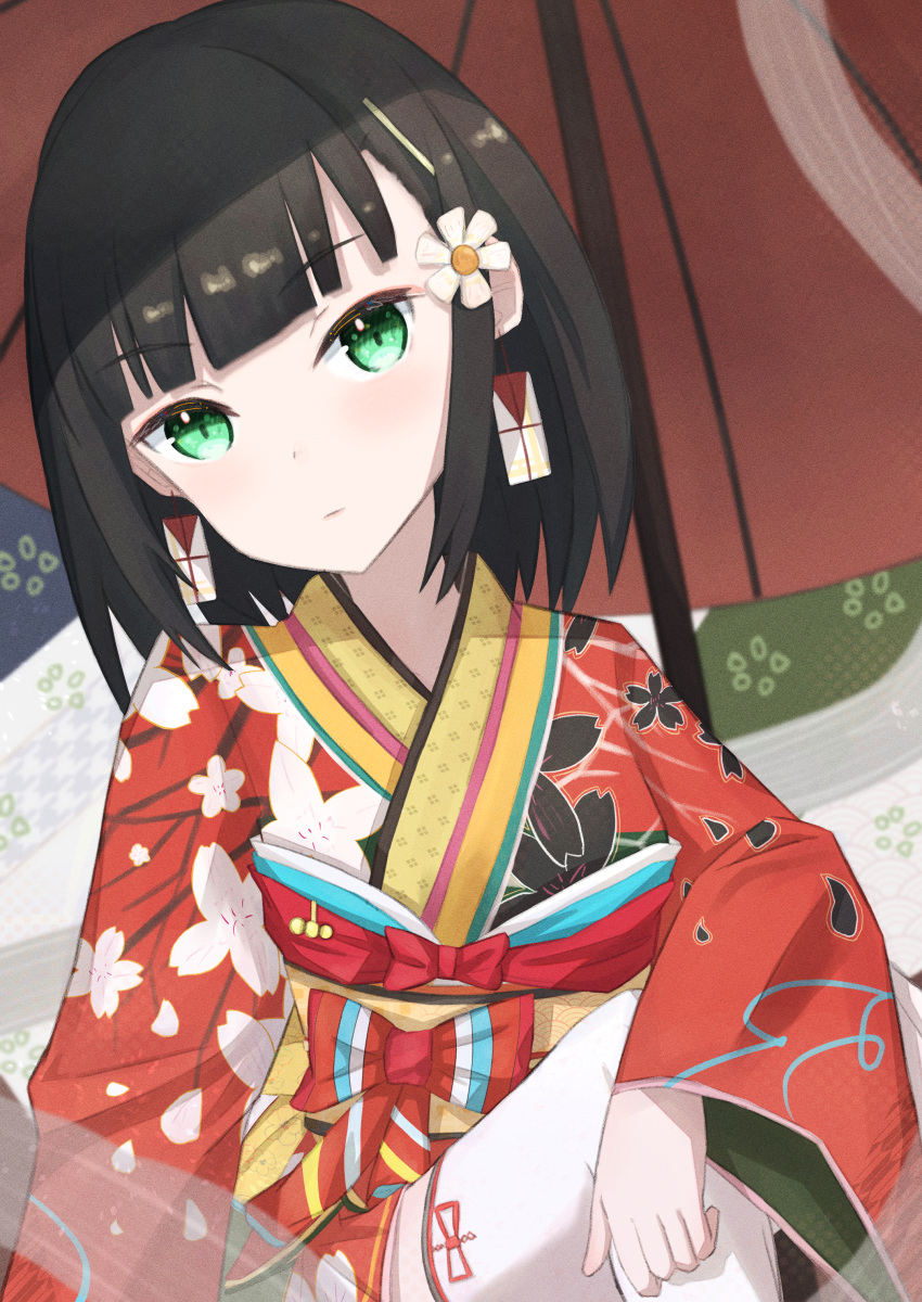 1girl absurdres aqua_bow aramedraw arm_on_knee bangs black_hair bow cherry_blossom_print closed_mouth commentary earrings floral_print flower foot_out_of_frame green_eyes hair_flower hair_ornament hairclip highres japanese_clothes jewelry kimono long_sleeves looking_at_viewer multicolored_background multicolored_bow multicolored_clothes multicolored_kimono multicolored_sash obi original print_kimono red_bow red_kimono red_ribbon red_umbrella ribbon sash short_hair solo thighhighs umbrella white_bow white_flower white_thighhighs wide_sleeves yellow_sash