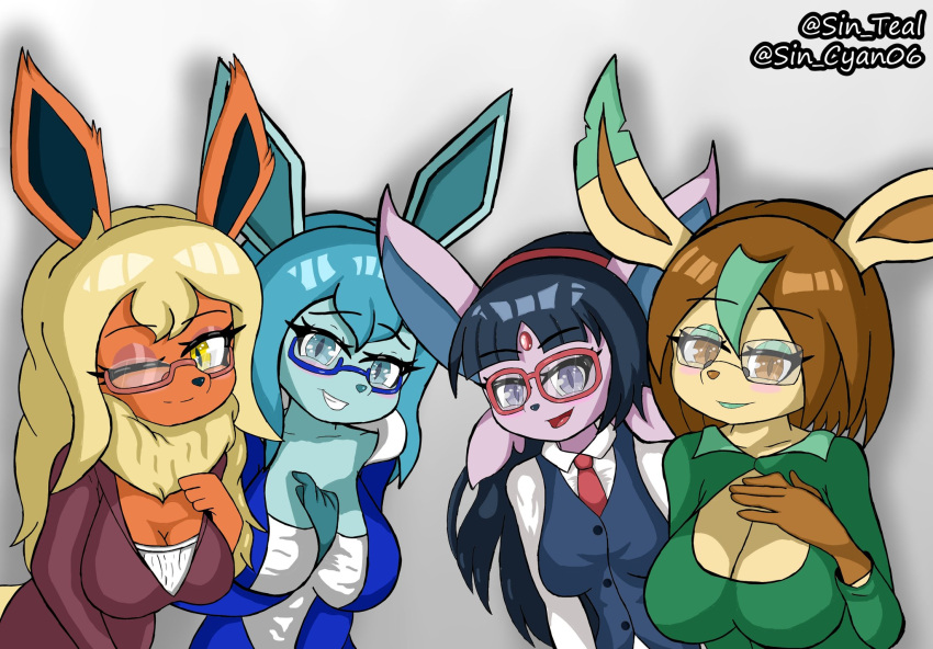 aelia_(sin_cyan06) anthro anthrofied big_breasts blue_body blue_eyes blush breasts canid canine clothed clothing digital_media_(artwork) eeveelution espeon eyewear female flareon fox fur generation_1_pokemon generation_2_pokemon generation_4_pokemon glaceon group hair hi_res ivanna_(sin_cyan06) leafeon looking_at_viewer mammal neelu_(sin_cyan06) nintendo open_mouth pokemon pokemon_(species) pokemorph rubina_(sin_cyan06) simple_background sin_cyan06 sin_teal smile video_games