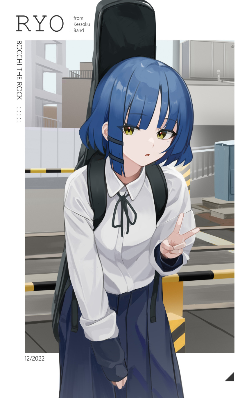 1girl absurdres bangs blue_hair bocchi_the_rock! gigbag hair_ornament highres instrument instrument_case instrument_on_back kit mole mole_under_eye open_mouth road school_uniform shirt short_hair skirt street v white_background white_shirt yamada_ryou yellow_eyes