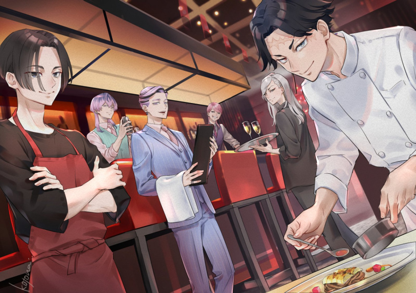 6+boys apron bangs black_hair black_pants black_shirt blue_jacket blue_pants blue_suit chair closed_mouth cowboy_shot crossed_arms cst food formal grey_eyes haitani_ran haitani_rindou heterochromia highres holding holding_spoon indoors jacket kakuchou kokonoi_hajime long_hair long_sleeves multicolored_hair multiple_boys necktie pants pink_hair plate purple_hair purple_vest red_apron red_eyes restaurant sano_manjirou sanzu_haruchiyo scar scar_on_face shirt short_hair smile spoon standing suit table tokyo_revengers two-tone_hair vest white_hair white_shirt