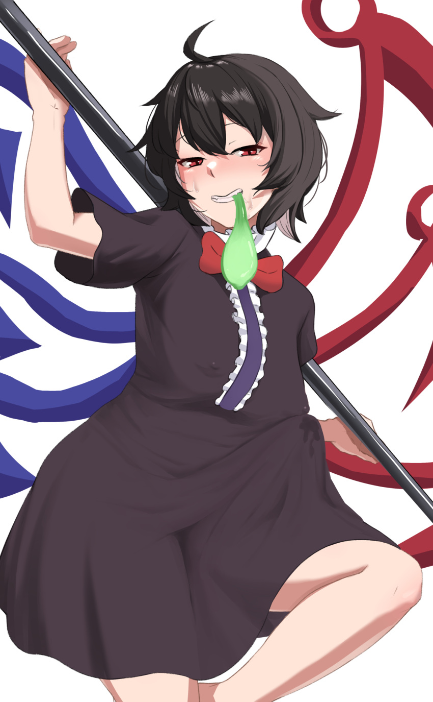 asymmetrical_wings black_dress black_hair blue_wings bow bowtie bulge bunsuirei condom condom_in_mouth dress erection erection_under_clothes futanari highres houjuu_nue huge_penis mouth_hold penis polearm red_bow red_bowtie red_eyes red_wings short_hair solo touhou trident undefined_fantastic_object weapon wings