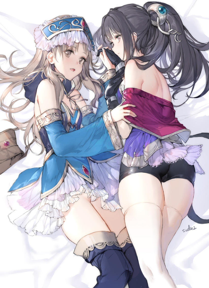 2girls ass atelier_(series) atelier_totori back bare_back bare_shoulders bed black_gloves black_hair black_shorts blue_sleeves boots cameltoe closed_mouth detached_sleeves frilled_skirt frills gloves grey_eyes grey_hair highres holding_hands light_brown_hair long_hair looking_at_viewer lying mimi_houllier_von_schwarzlang multiple_girls panties pantyshot ponytail shorts signature skindentation skirt smile swd3e2 thigh_boots thighhighs totooria_helmold underwear white_panties white_thighhighs yuri