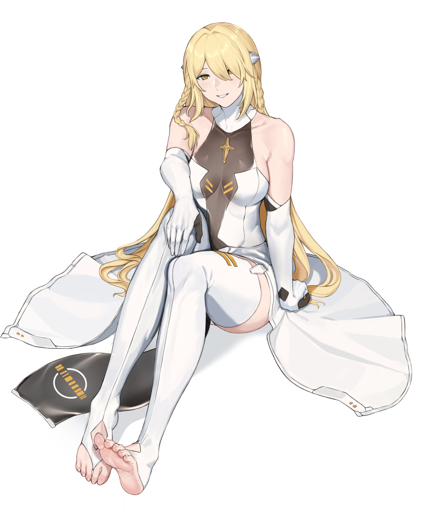 1girl absurdres bare_shoulders barefoot blonde_hair braid breasts collarbone commission dress elbow_gloves feet full_body girls'_frontline girls'_frontline_neural_cloud gloves hair_ornament hair_over_one_eye hand_on_own_knee highres knees_up long_hair looking_at_viewer messenger_(girls'_frontline_nc) sanctifiers_(girls'_frontline_nc) second-party_source seilindekos simple_background sitting sleeveless sleeveless_dress smile solo thighhighs transparent_background very_long_hair yellow_eyes