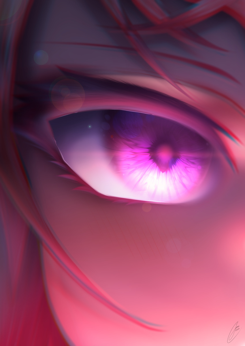 1girl absurdres blue_eyes close-up eye_focus glowing glowing_eye highres hololive hololive_english irys_(hololive) lens_flare pink_eyes purple_hair the_x_(jene) virtual_youtuber