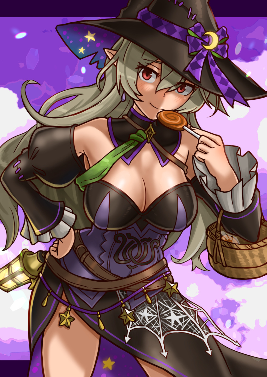 1girl absurdres bangs bare_shoulders breasts candy cleavage commission corrin_(fire_emblem) corrin_(fire_emblem)_(female) detached_collar detached_sleeves dress fire_emblem fire_emblem_fates fire_emblem_heroes food grey_hair hat highres holding holding_candy holding_food holding_lollipop large_breasts lollipop long_hair looking_at_viewer official_alternate_costume oniisan02b pointy_ears purple_background red_eyes side_slit skeb_commission smile solo strapless strapless_dress wavy_hair witch_hat