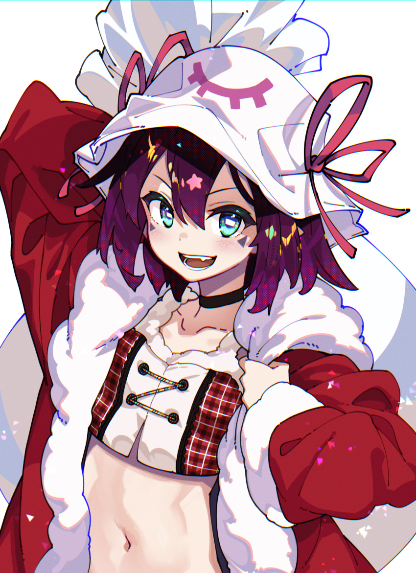 1girl black_choker blush choker collarbone green_eyes hair_between_eyes hat highres holding holding_sack horizontal_pupils long_sleeves merry_nightmare navel open_clothes open_mouth purple_hair sack short_hair simple_background smile solo upper_body ushiki_yoshitaka white_background white_headwear yumekui_merry