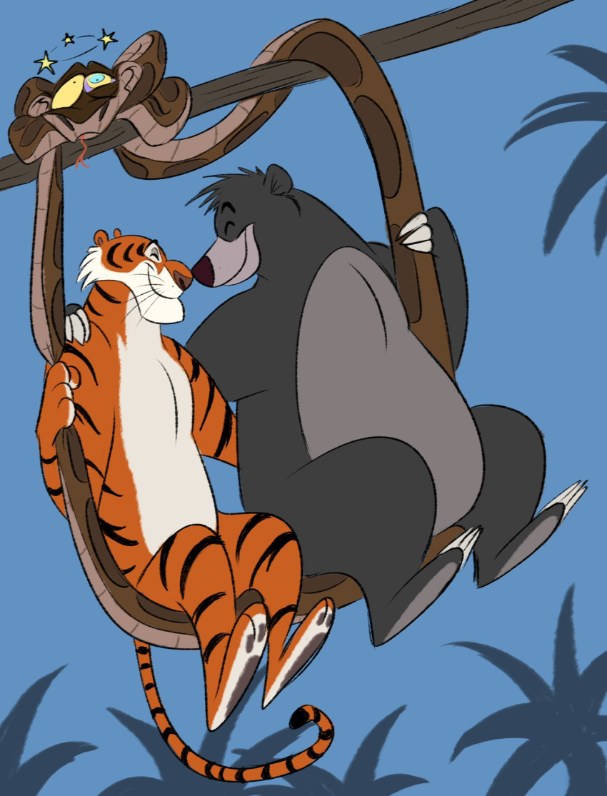 affectionate baloo bear bengal_tiger black_body black_eyebrows black_fur black_stripes blue_sky branch brown_body brown_nose brown_pawpads brown_paws brown_spots claws dizzy dizzy_eyes edtertainerd eyebrows eyes_closed felid feral fingernails fur grey_body grey_fur group happy hi_res holding_another holding_partner holding_person humor interspecies kaa_(jungle_book) leaf long_tail love male male/male mammal markings multicolored_body multicolored_fur nails nose_to_nose orange_body orange_fur outside palm_tree pantherine pawpads plant python reptile scalie sharp_claws sharp_fingernails sharp_nails sharp_toenails shere_khan sitting sky slapstick slapstick_humor sloth_bear smile snake spots spotted_body spotted_markings star striped_body striped_fur striped_markings striped_tail stripes suspension swing swing_set swingset tail_markings the_jungle_book tiger toenails tree trio ursine whiskers white_body white_fur yellow_sclera