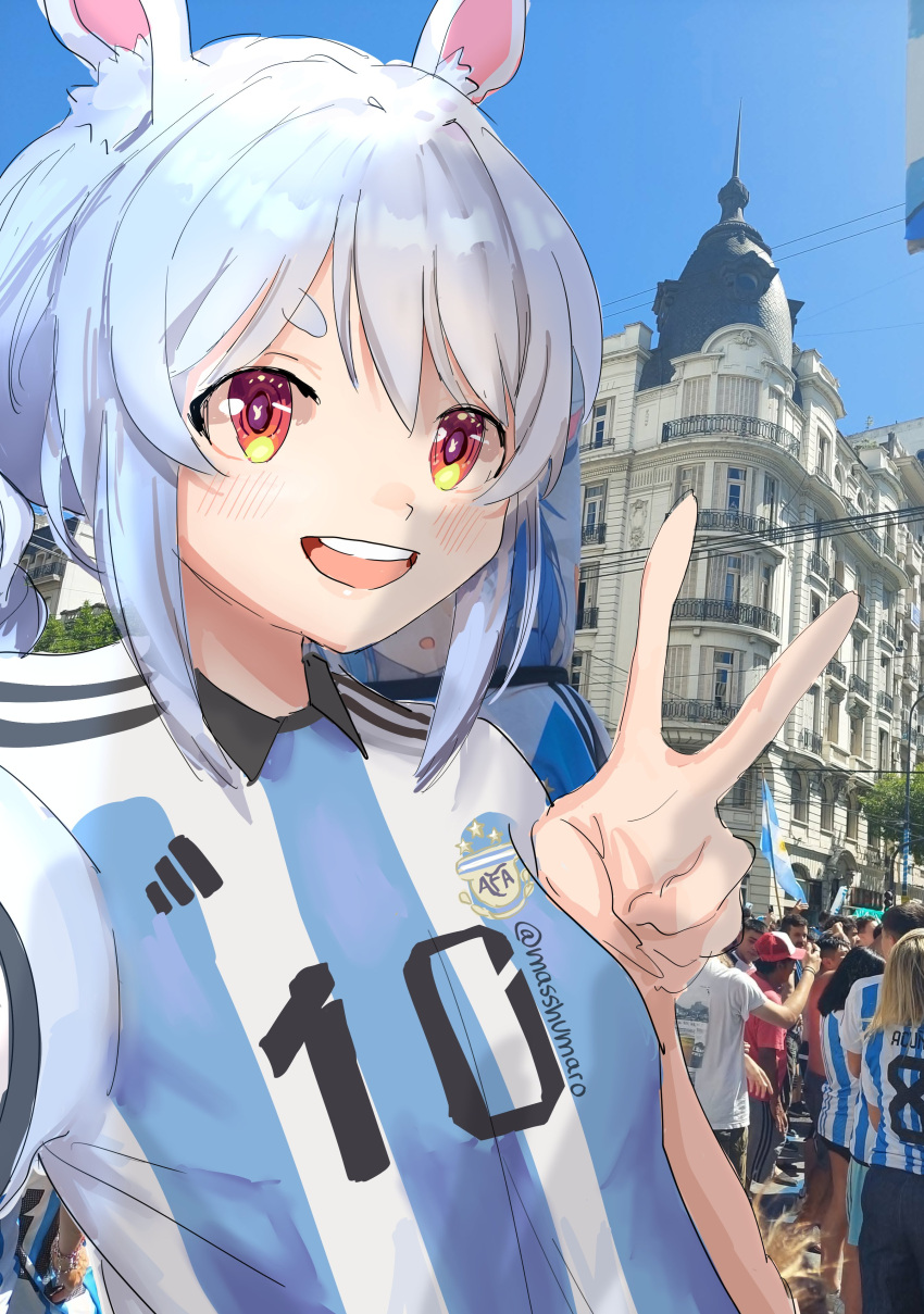 1girl 2022_fifa_world_cup absurdres animal_ears argentina bangs blue_hair blush braid breasts bunny-shaped_pupils extra highres hikimayu hololive masshumaro open_mouth parted_hair rabbit_ears rabbit_girl red_eyes shirt short_eyebrows sidelocks small_breasts smile solo_focus striped striped_shirt swept_bangs symbol-shaped_pupils thick_eyebrows twin_braids usada_pekora v world_cup