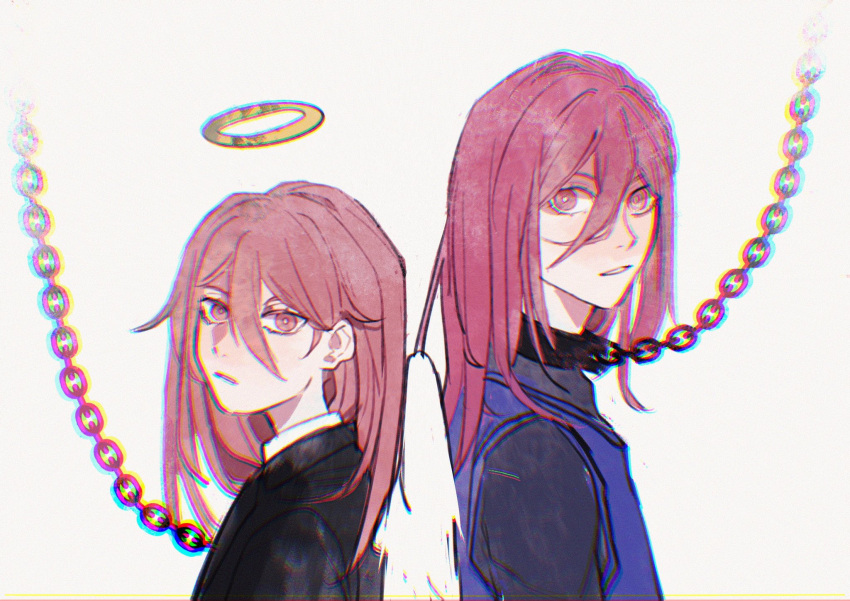 2boys angel_devil_(chainsaw_man) angel_wings bangs blue_lock chain chain_leash chained chainsaw_man chigiri_hyoma chromatic_aberration collar commentary formal hair_between_eyes halo highres leash long_hair look-alike looking_at_viewer male_focus metal_collar multiple_boys parted_lips penguin_jun red_eyes red_hair simple_background soccer_uniform sportswear suit symbol-only_commentary upper_body white_background white_wings wings