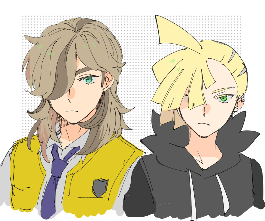 2boys ahoge arven_(pokemon) bangs blonde_hair brown_hair collared_shirt ear_piercing gladion_(pokemon) green_eyes hair_over_one_eye highres hinata_(ryohinata) hood hoodie long_hair multicolored_hair multiple_boys necktie open_clothes open_vest piercing pokemon pokemon_(game) pokemon_sm pokemon_sv purple_necktie shirt short_hair uva_academy_uniform vest white_shirt yellow_vest