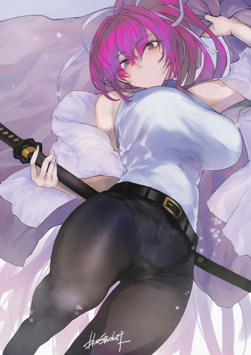 1girl bare_shoulders belt breasts hair_intakes hair_ribbon highres holding holding_sword holding_weapon jacket katana kojima_(blue_stardust) large_breasts long_hair pants ponytail purple_hair ribbon smile solo sweater sword turtleneck turtleneck_sweater under_night_in-birth under_night_in-birth_exe:late[st] weapon yuzuriha_(under_night_in-birth)