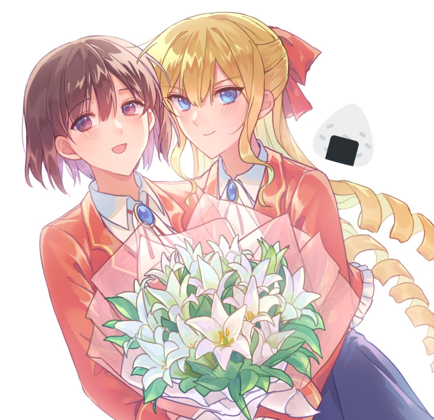 2girls blonde_hair blue_eyes bouquet bow brown_eyes brown_hair drill_hair flower hair_bow highres holding holding_bouquet jacket lily_(flower) long_hair long_sleeves multiple_girls raeclairex red_bow red_jacket school_uniform short_hair smile watashi_no_oshi_wa_akuyaku_reijou white_lily