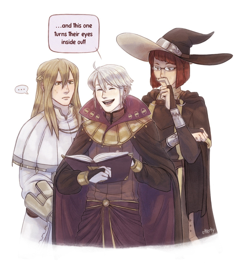 1girl 2boys black_cape blonde_hair cape closed_eyes english_text fire_emblem fire_emblem_awakening glasses hannrenn hat henry_(fire_emblem) highres libra_(fire_emblem) long_hair miriel_(fire_emblem) multiple_boys red_hair robe smile sweatdrop white_hair white_robe witch_hat