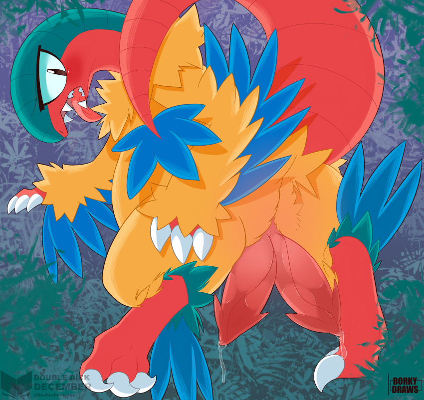 3_fingers 3_toes absurd_res animal_genitalia animal_penis archeops avian big_penis blue_body blue_feathers blue_tuft blue_wings blush bodily_fluids borky-draws brown_eyes butt claws countershading dripping feathers feet feral finger_claws fingers fossil_pok&eacute;mon generation_5_pokemon genital_fluids genitals green_markings green_tuft hand_on_butt hemipenes hi_res looking_at_viewer looking_back looking_back_at_viewer male markings multi_genitalia multi_penis nintendo open_mouth penis pink_penis pink_tongue pokemon pokemon_(species) precum precum_drip presenting presenting_hindquarters presenting_penis red_body red_countershading red_feet red_hands red_tail sharp_teeth soles solo tail_curl teeth toe_claws toes tongue tongue_out video_games watermark wings yellow_body yellow_feathers