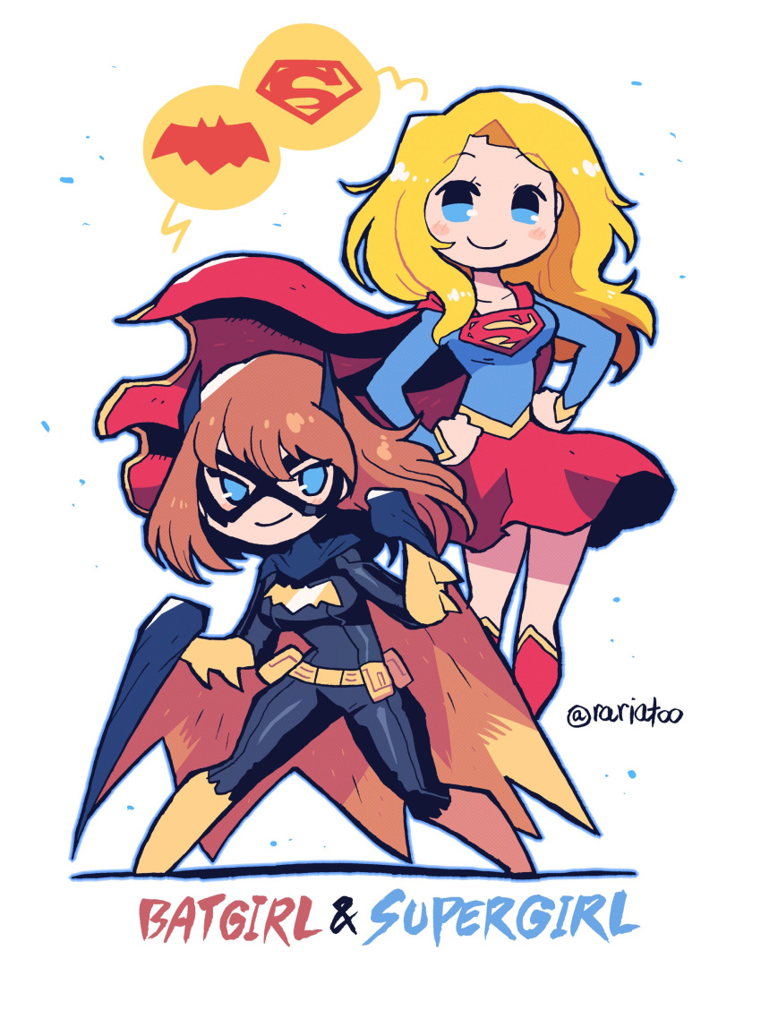 2girls absurdres batgirl batman_(series) blonde_hair blue_eyes blush breasts brown_hair cape clenched_hands dc_comics english_text flying hands_on_hips highres looking_at_viewer multiple_girls rariatto_(ganguri) red_cape red_skirt simple_background skirt smile supergirl superhero superman_(series) white_background