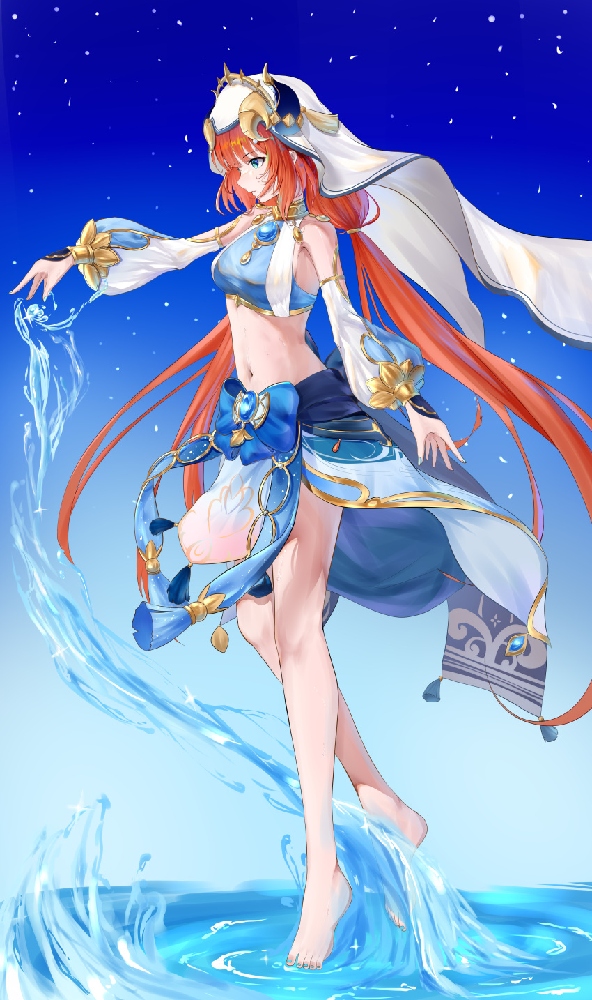 1girl absurdres ai_tudou aqua_eyes arm_at_side bangs bare_legs bare_shoulders barefoot blue_background blue_bow blue_gemstone blue_skirt bow bracer breasts brooch crop_top detached_sleeves fake_horns feet floating_hair full_body gem genshin_impact gold_trim gradient gradient_background hand_up harem_outfit heel_up highres horns hydrokinesis incredibly_absurdres jewelry leg_up legs long_hair long_sleeves looking_to_the_side low_twintails medium_breasts nail_polish navel neck_ring nilou_(genshin_impact) outstretched_hand parted_lips pelvic_curtain profile puffy_long_sleeves puffy_sleeves red_hair sidelocks skirt solo standing standing_on_liquid standing_on_one_leg stomach tassel tiptoes toenail_polish toenails toes twintails veil very_long_hair water wet white_headwear white_sleeves