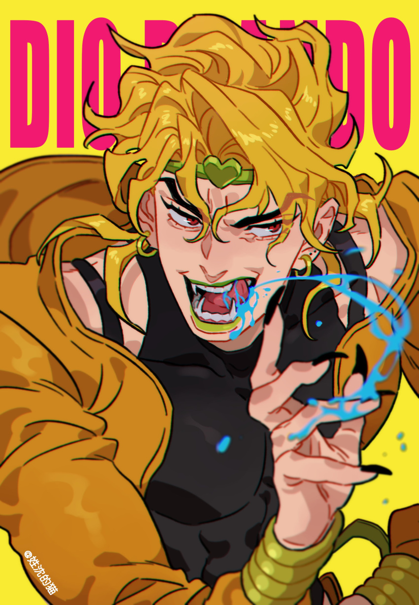 1boy absurdres black_leotard black_nails blonde_hair blood blue_blood bracelet character_name dio_brando earrings fangs green_lips headband heart highres honlo jacket jewelry jojo_no_kimyou_na_bouken leotard lipstick long_hair long_sleeves looking_to_the_side makeup male_focus muscular muscular_male open_mouth pants pectorals red_eyes solo stardust_crusaders teeth tongue tongue_out yellow_background yellow_jacket yellow_pants