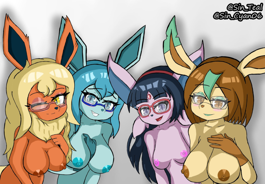 aelia_(sin_cyan06) anthro anthrofied big_breasts blue_body blue_eyes blush breasts canid canine digital_media_(artwork) eeveelution espeon eyewear female flareon fox fur generation_1_pokemon generation_2_pokemon generation_4_pokemon glaceon group hair hi_res ivanna_(sin_cyan06) leafeon looking_at_viewer mammal neelu_(sin_cyan06) nintendo nipples nude open_mouth pokemon pokemon_(species) pokemorph rubina_(sin_cyan06) simple_background sin_cyan06 sin_teal smile video_games