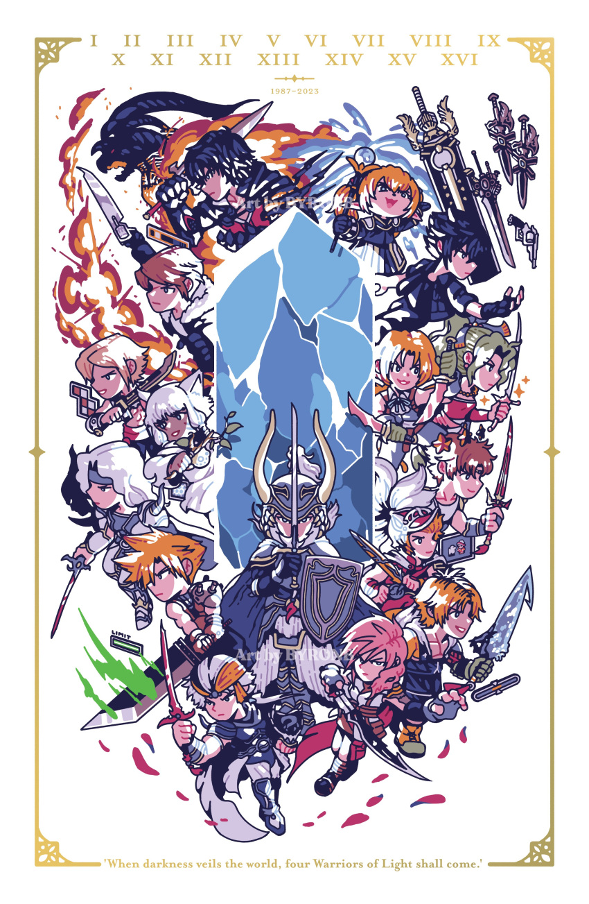 4girls 6+boys absurdres animal_ears anniversary armor artist_name black_hair blonde_hair brown_hair buster_sword butz_klauser byronb cape cat_ears cecil_harvey clive_rosfield cloud_strife dagger dark-skinned_female dark_skin dual_wielding english_text fake_horns final_fantasy final_fantasy_i final_fantasy_ii final_fantasy_iii final_fantasy_iv final_fantasy_ix final_fantasy_v final_fantasy_vi final_fantasy_vii final_fantasy_viii final_fantasy_x final_fantasy_xi final_fantasy_xii final_fantasy_xiii final_fantasy_xiv final_fantasy_xv final_fantasy_xvi fire frioniel gameplay_mechanics glowing glowing_weapon green_hair grey_hair gun gunblade handgun helmet highres holding horned_helmet horns ifrit_(final_fantasy) jacket knife lightning_farron looking_at_viewer miqo'te multiple_boys multiple_girls noctis_lucis_caelum onion_knight pink_hair revolver serious shantotto shield smile spiked_hair squall_leonhart staff sword tarutaru tidus tina_branford vaan wand warrior_of_light watermark weapon white_hair y'shtola_rhul zidane_tribal