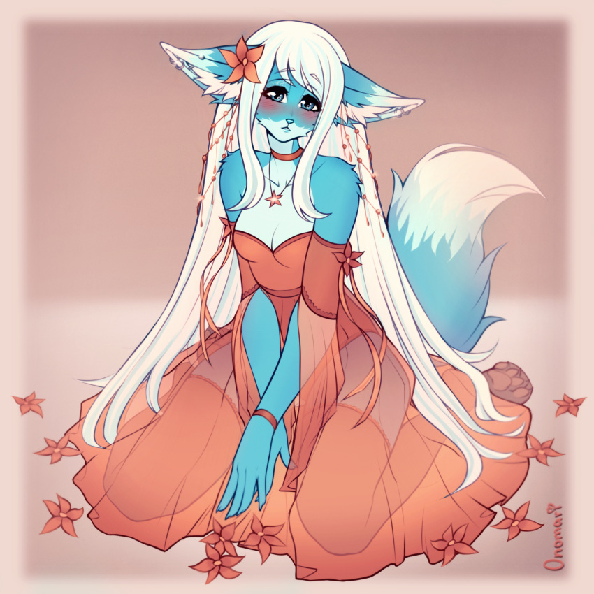 1:1 accessory anthro artist_name biped blue_body blue_eyes blue_fur blush bracelet breasts canid canine choker cleavage clothed clothing countershade_fur countershade_torso countershading digital_media_(artwork) dress female fennec flower flower_in_hair fox fur hair hair_accessory hi_res hindpaw jewelry kneeling legwear long_hair looking_at_viewer mammal necklace onomari pawpads paws plant solo thigh_highs translucent translucent_clothing translucent_dress white_hair