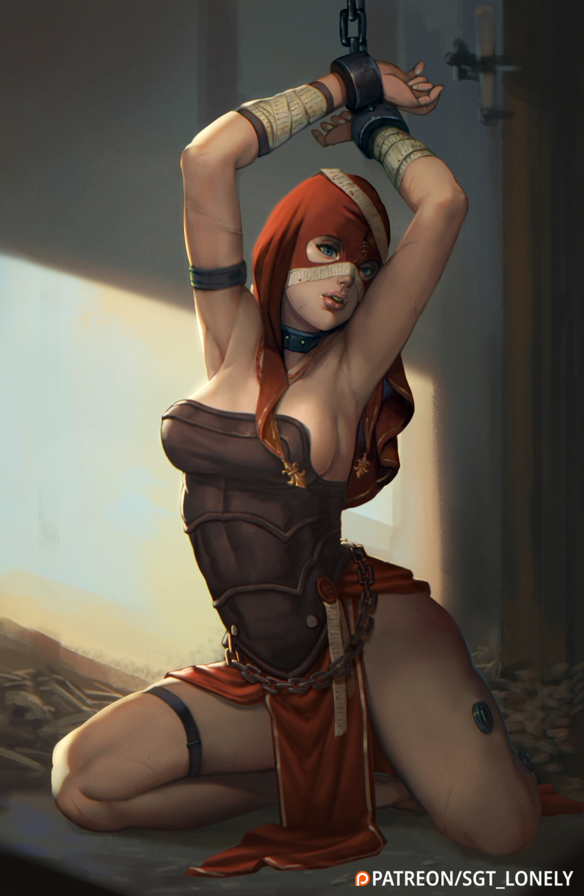 1girl adepta_sororitas bangs barefoot blue_eyes breasts chain chained cleavage cuffs handcuffs highres hood medium_breasts paid_reward_available pelvic_curtain pinup_(style) purity_seal red_hood sgt_lonely sister_repentia slave solo thigh_strap warhammer_40k