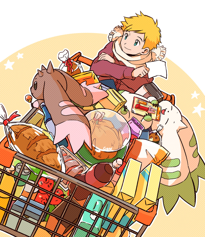 anthro bandai_namco beady_eyes beverage blonde_hair blue_eyes bread digimon digimon_(species) food gdn0522 groceries group hair hi_res horn human lagomorph leporid long_ears lopmon male mammal pez_dispenser rabbit scarf shopping shopping_cart soda terriermon trio willis_(digimon)