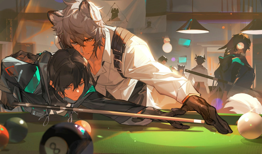 2boys 8-ball akai_999 animal_ears arknights ball bent_over billiard_ball billiards black_gloves black_hair character_request cue_stick gloves grey_hair hair_between_eyes highres holding_cue_stick indoors jacket lamp leaning_forward leopard_boy leopard_ears multiple_boys on_table pool_table shirt silverash_(arknights) table white_shirt