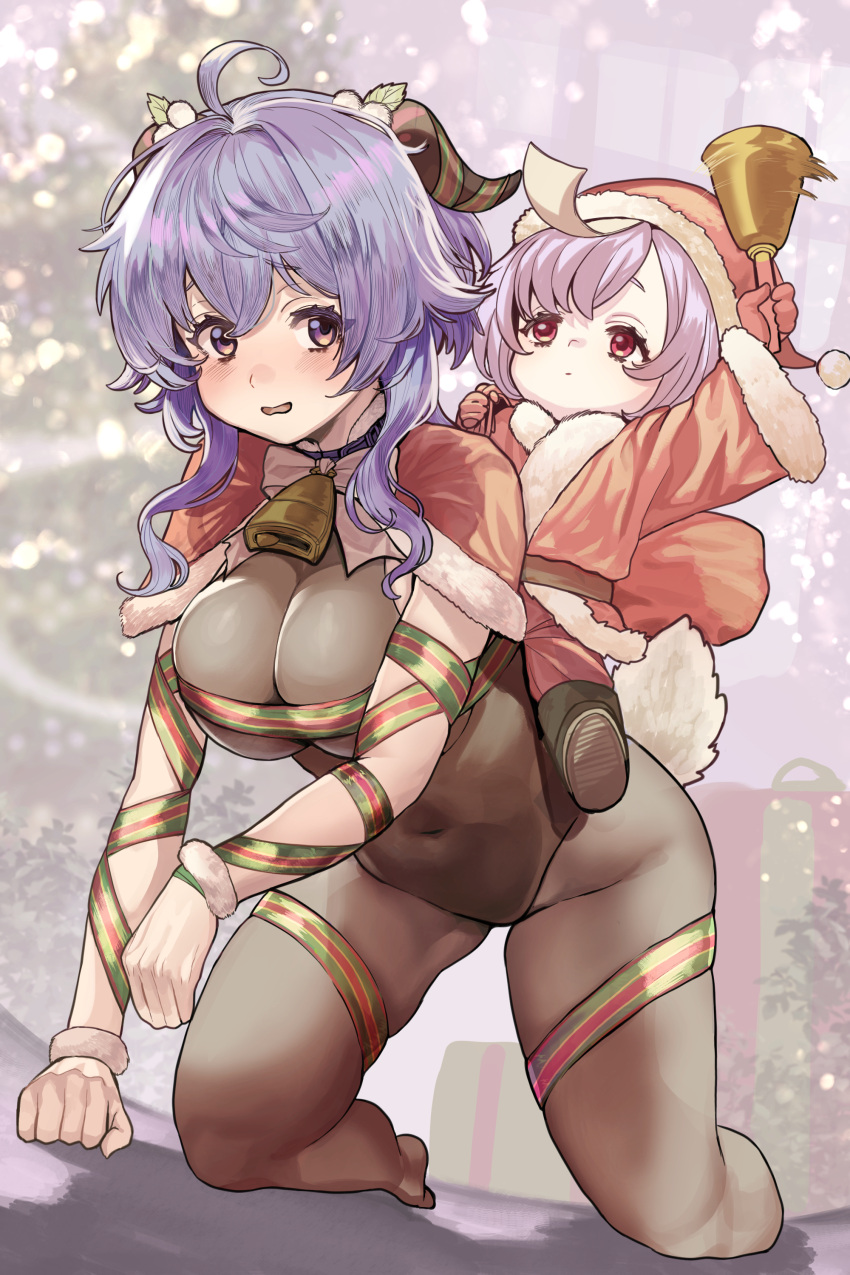 2girls absurdres adapted_costume ahoge all_fours alternate_costume bangs bell black_leotard blue_hair blush bodystocking bodysuit breasts carrying christmas christmas_tree chroong covered_navel ganyu_(genshin_impact) genshin_impact gloves groin hat highres horn_ornament horns leotard leotard_under_clothes long_hair looking_at_viewer medium_breasts multiple_girls neck_bell open_mouth pantyhose piggyback pink_hair plump purple_eyes qiqi_(genshin_impact) red_eyes red_gloves ribbon santa_costume santa_hat sidelocks talisman