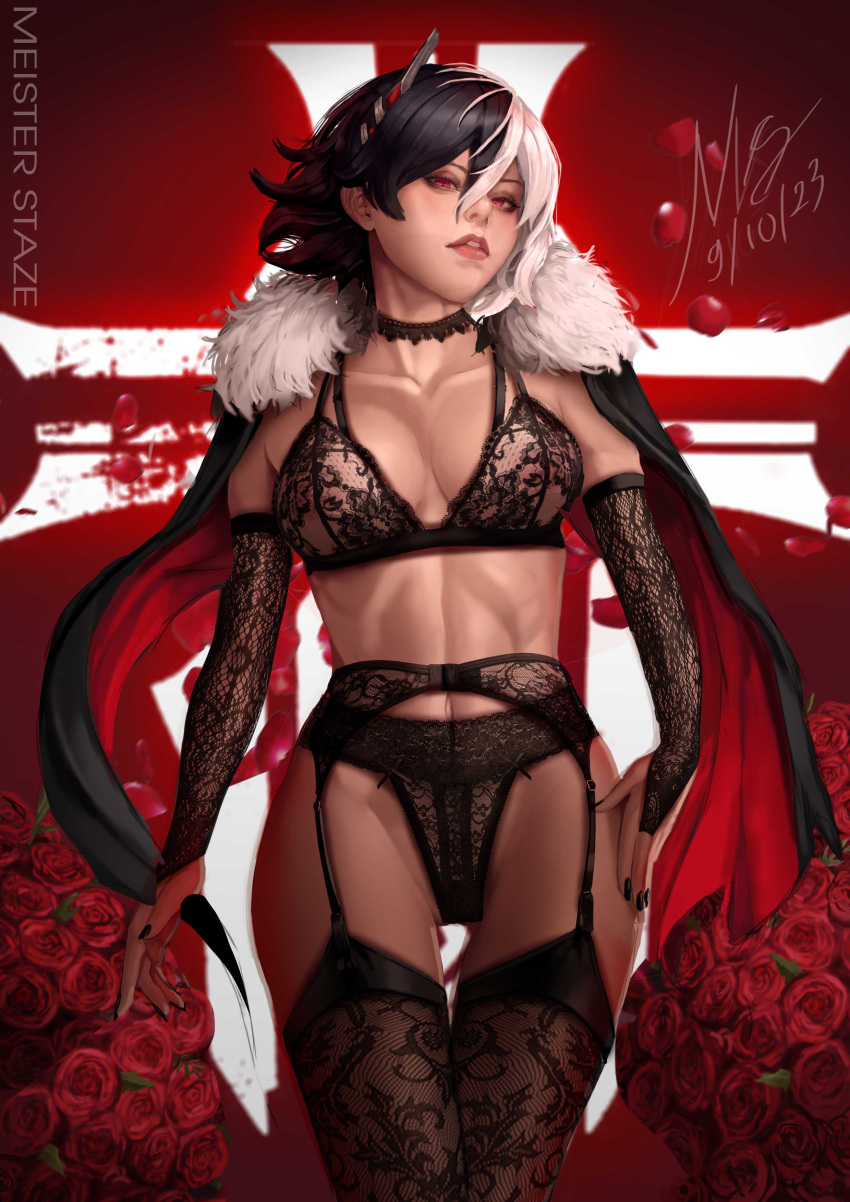 1girl absurdres asymmetrical_gloves azur_lane black_cape black_garter_belt black_gloves black_hair black_nails breasts bridal_gauntlets bruenhilde_(azur_lane) cape cleavage cowboy_shot dated elbow_gloves floating_cape flower from_below fur-trimmed_cape fur_trim gloves highres iron_blood_(emblem) lace lace_gloves lace_legwear lace_panties lace_thighhighs lingerie lips looking_at_viewer looking_down medium_breasts meister_staze multicolored_hair nail_polish nose panties parted_lips realistic red_background red_cape red_eyes red_flower red_rose rose short_hair signature solo split-color_hair thigh_gap two-tone_cape two-tone_hair underwear white_hair