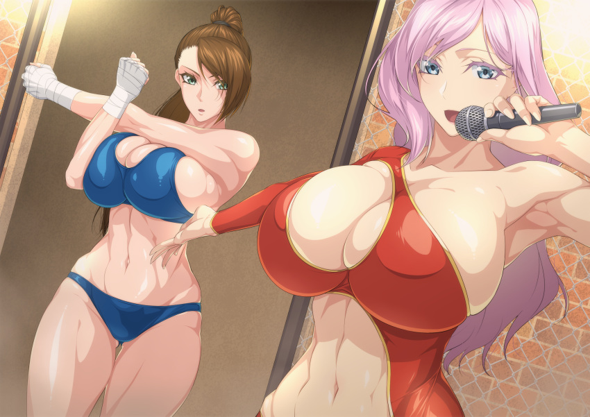 2girls aqua_eyes arm_up armpits ass_visible_through_thighs bandaged_hand bandages bangs bare_shoulders bikini blue_bikini breasts brown_hair cleavage clenched_hands collarbone commentary_request commission cowboy_shot green_eyes highres holding holding_microphone large_breasts long_hair looking_at_viewer microphone midriff multiple_girls navel open_mouth original outstretched_arm ozaneko parted_bangs parted_lips pink_hair ponytail sidelocks skeb_commission skindentation standing stomach stretching swimsuit