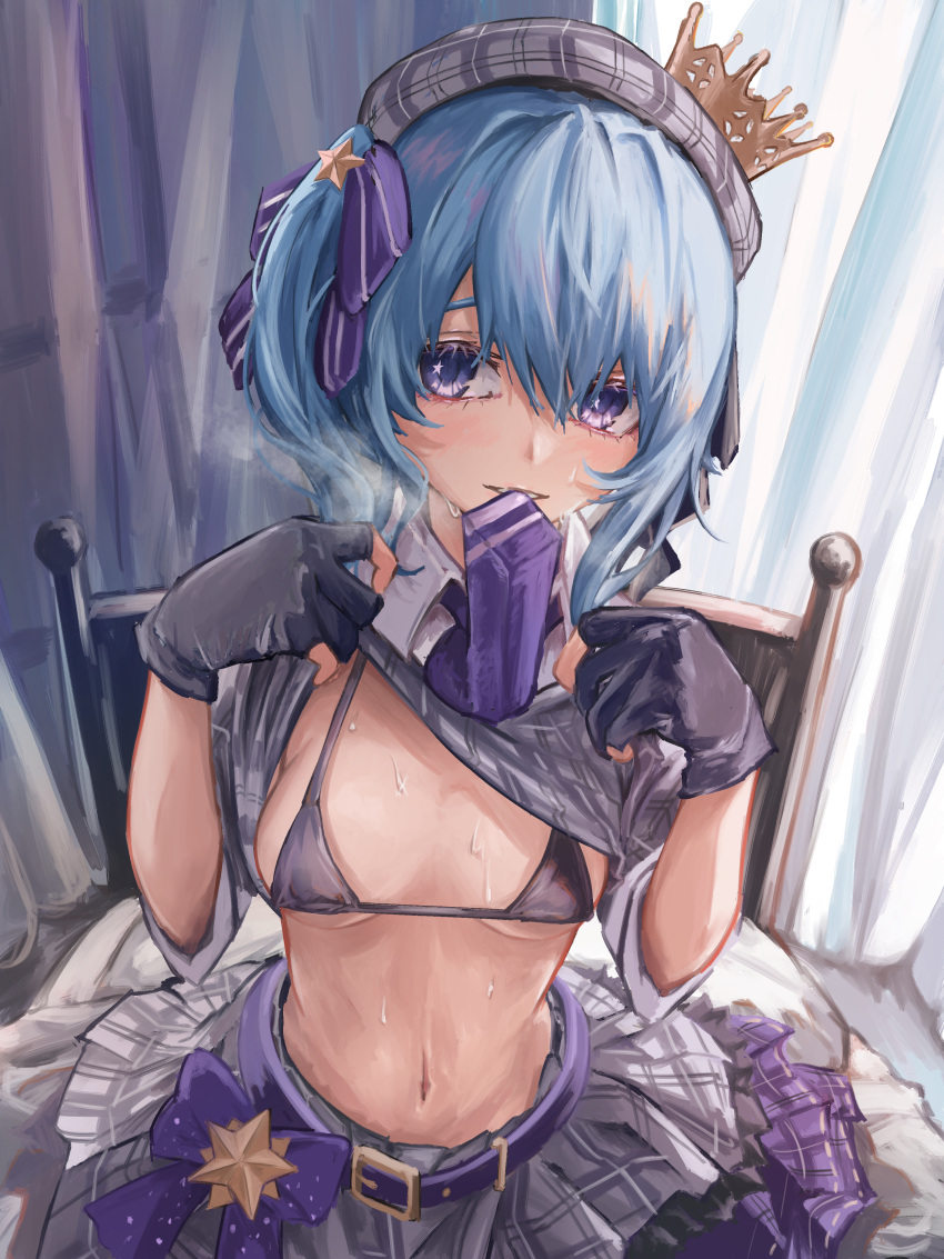 1girl absurdres bed belt beret blue_eyes blue_hair breasts clothes_lift crown gloves hair_between_eyes hat highres hololive hoshimachi_suisei looking_at_viewer medium_hair micro_bra mini_crown morishow99 mouth_hold navel necktie necktie_in_mouth partially_fingerless_gloves shirt_lift side_ponytail small_breasts solo stomach sweat underwear virtual_youtuber