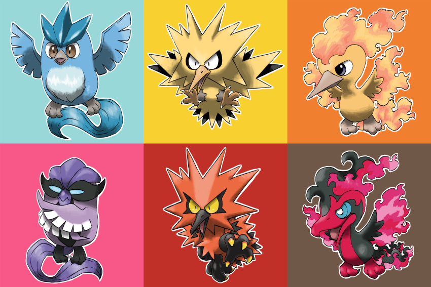 animal_focus articuno bird black_eyes black_hair blacknirrow blank_eyes blue_eyes blue_sclera bright_pupils brown_eyes chibi claws closed_mouth colored_sclera commentary constricted_pupils crossed_arms english_commentary fiery_hair fiery_wings full_body galarian_articuno galarian_moltres galarian_zapdos grey_eyes highres leg_up looking_to_the_side moltres multicolored_background multicolored_hair no_humans open_mouth outline pokemon pokemon_(creature) purple_hair red_hair short_hair tongue two-tone_hair white_outline white_pupils wings yellow_sclera zapdos