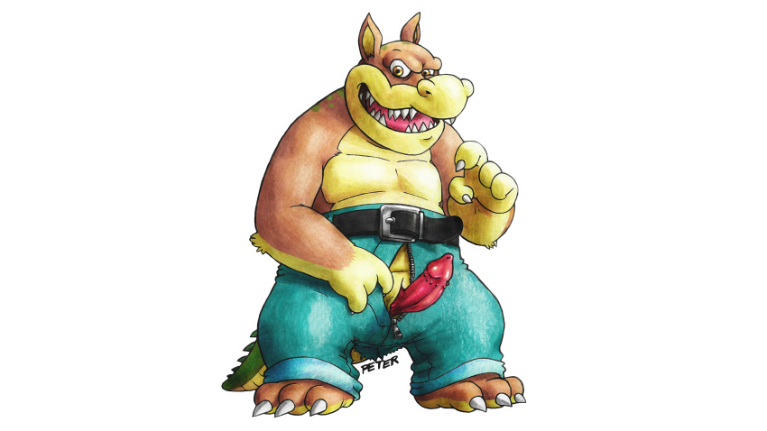 absurd_res activision animal_genitalia anthro belt canid canine canis cloaca clothed clothing crash_bandicoot_(series) crocodile crocodilian crocodylid dingo dingodile erection genital_slit genitals hi_res hybrid looking_at_viewer male mammal open_zipper penis peterdamart reptile scalie slit solo topless video_games