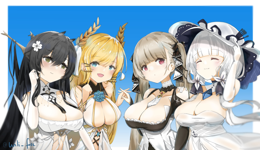 4girls azur_lane between_breasts black_hair blonde_hair blue_eyes blue_flower blue_gemstone blue_rose breasts cleavage closed_eyes clothing_cutout detached_collar dress elbow_gloves eyebrows_hidden_by_hair flower formidable_(azur_lane) gem gloves gothic_lolita green_eyes grey_hair hair_flower hair_on_horn hair_ornament hair_ribbon hand_on hand_on_another's_shoulder hat highres illustrious_(azur_lane) indomitable_(azur_lane) interlocked_fingers large_breasts laurel_crown lolita_fashion long_hair mole mole_under_eye multiple_girls necktie necktie_between_breasts playing_with_own_hair red_eyes revealing_clothes ribbon rose shoulder_cutout sun_hat tress_ribbon twintails two-tone_ribbon very_long_hair victorious_(azur_lane) white_dress white_gloves white_hair