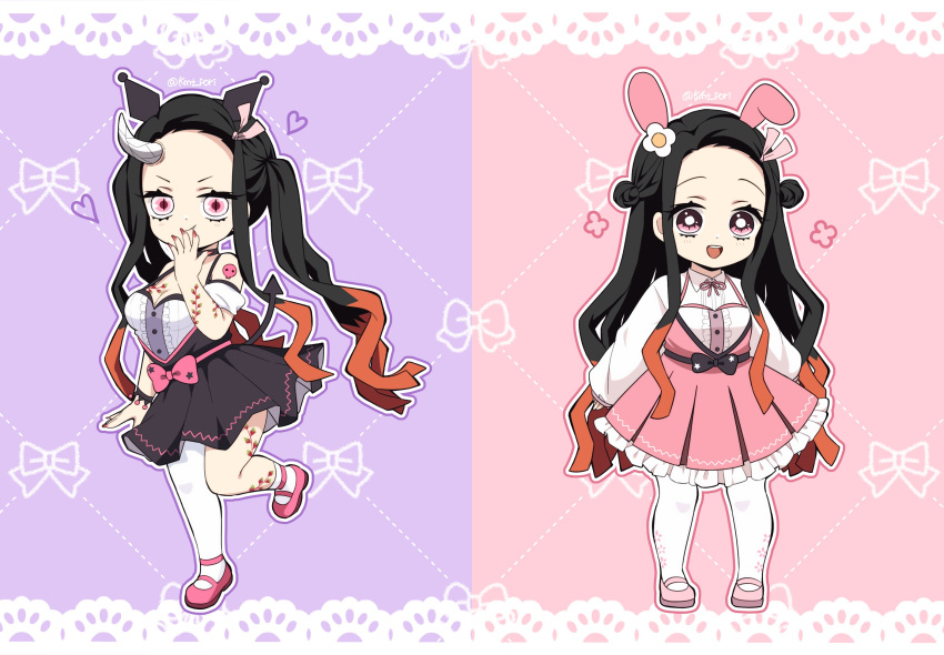 animal_ears black_hair cosplay demon demon_girl demon_horns dress flower-shaped_hair hair_ribbon highres horns kamado_nezuko kimetsu_no_yaiba kuromi kuromi_(cosplay) long_hair long_sleeves multicolored_hair my_melody my_melody_(cosplay) onegai_my_melody open_mouth pink_eyes pink_footwear pink_ribbon pori_(kmt_pori) rabbit_ears ribbon sanrio single_thighhigh thighhighs twintails white_thighhighs