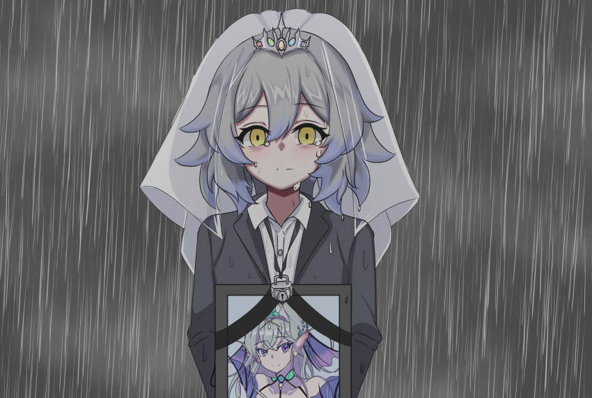 1girl black_shirt crying crying_with_eyes_open duel_monster expressionless formal grey_hair highres holding holding_photo iei lock looking_at_viewer photo_(object) rain shirt short_hair solo suit tearlaments_kitkallos tearlaments_merrli tears tiara veil yellow_eyes yu-gi-oh! zuzu_(user_ntpx2584)